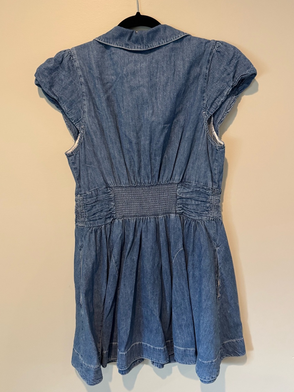 Denim Short Sleeve Fit-and-Flare Dress in Blue - Picture 3 of 3